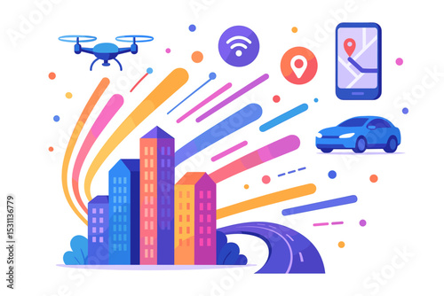 Smart City Dynamics. Colorful vector composition of smart city, buildings bursting into traffic data, sensors, drones and mobility