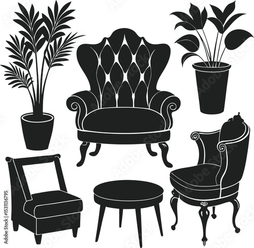 
A collection of elegant black silhouettes depicting various pieces of furniture and potted plants, suitable for interior design themes.