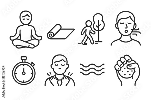 Stress Management Icons. Line style icons of stress management: relaxation pose, yoga mat, nature walk, deep breath, timer,