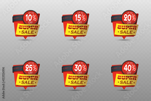 Set of super sale badges with up to 10%, 15%, 20%, 25%, 30%, and 40% off in red and yellow.