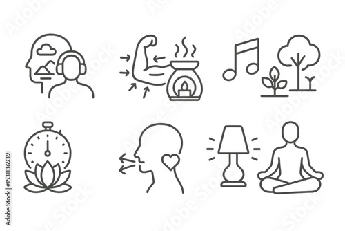 Relaxation Techniques Icons. Line style icons of relaxation techniques: guided imagery, progressive muscle, aromatherapy, nature
