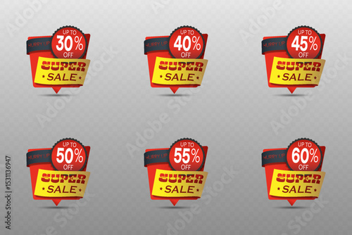 Set of super sale badges with up to 30%, 40%, 45%, 50%, 55%, and 60% off in red and yellow.