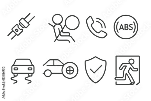 Vehicle Safety Icons. Line style icons of vehicle safety features: seatbelt, airbags, emergency call, anti-lock brakes, traction