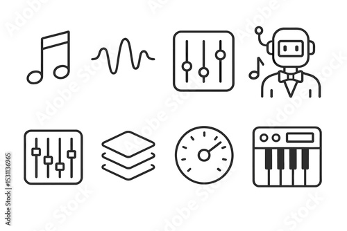 AI Music Icons. Line style icons of AI music generation: music note, waveform, beat pattern, AI composer, sound mixer, audio