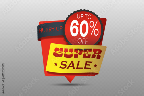 Super sale with up to 60 percent off red and yellow ribbon badge with shadow effect.
