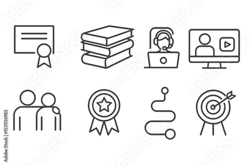 Lifelong Learning Icons. Line style icons of lifelong learning: certificate, book stack, webinar, online course, mentorship, skill
