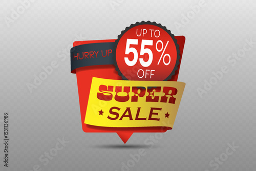 Super sale with up to 55 percent off red and yellow ribbon badge with shadow effect.