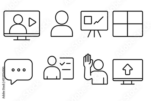 Virtual Classroom Icons. Line style icons of virtual classrooms: video lecture, student avatar, digital whiteboard, breakout room,