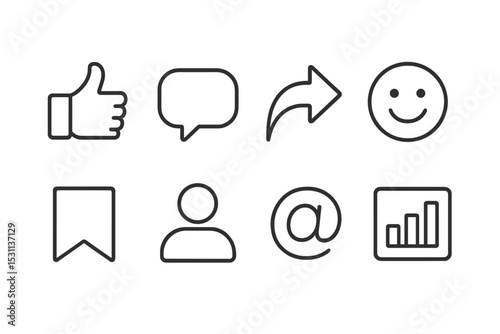 User Engagement Icons. Line style icons for user engagement: like button, comment bubble, share arrow, reaction emoji, save post,