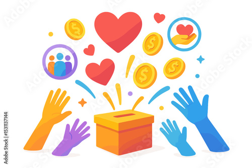 Charity Explosion. Colorful vector composition of charity fundraising, donation box bursting into hearts, coins, helping hands,