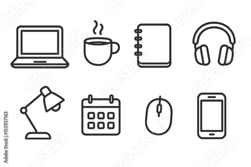 Freelancer Workspace Icons. Line style icons for freelancer workspace: laptop, coffee cup, notebook, headphones, desk lamp,