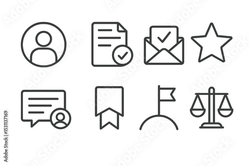 Freelancing Platform Icons. Line style icons for freelancing platforms: profile badge, job listing, proposal sent, rating star,