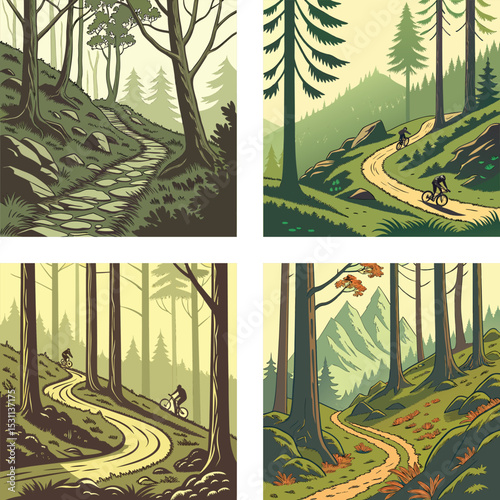 Mountain bike trail winding through alpine forests. 