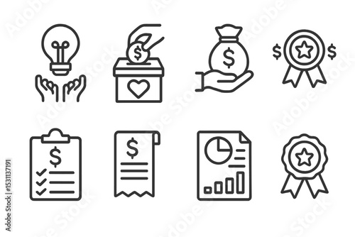 Creative Funding Icons. Line style icons for funding creative projects: crowdfunding, donation box, grant, sponsorship, budget