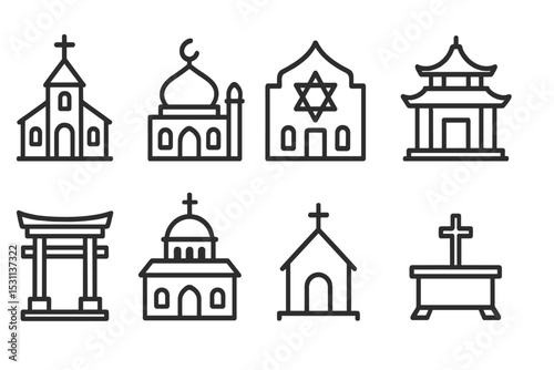 Places of Worship Icons. Line style icons for places of worship: church, mosque, synagogue, temple, shrine, monastery, chapel,