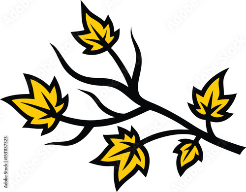 A stylized illustration of a branch with five yellow leaves, showcasing a vibrant autumnal theme with bold outlines and a simplistic design, suitable for various applications.