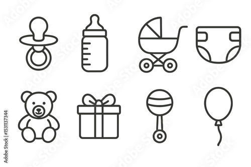 Baby Shower Icons. Line style icons for baby showers: pacifier, baby bottle, stroller, diaper, teddy bear, gift box, rattle,