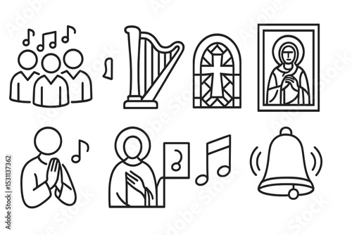 Religious Icons and Music. Line style icons for religious music and art: choir, harp, stained glass, religious painting, icon,