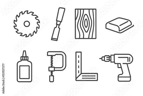 Woodworking Icons Set. Line style icons for woodworking: saw blade, chisel, wood grain, sanding block, wood glue, clamp, carpenter