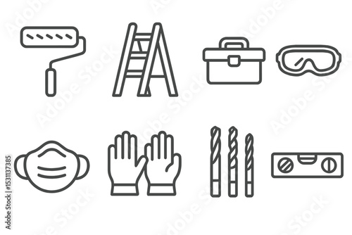 Home Improvement Icons. Line style icons for home improvement: paint roller, ladder, toolbox, safety goggles, mask, gloves, drill