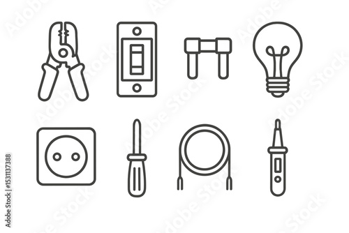 Electrical Repair Icons. Line style icons for electrical repair: wire stripper, circuit breaker, fuse, light bulb, outlet,