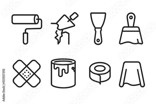 Wall Repair Tools Icons. Line style icons for wall repair: paint roller, plaster, putty knife, sanding block, patch, paint can,