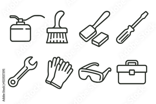 Tool Maintenance Icons. Line style icons for tool maintenance: oil can, cleaning brush, sharpening stone, screwdriver, wrench,