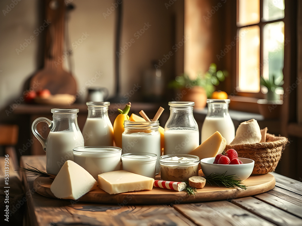 Fresh dairy products on a wooden table, conveying rustic simplicity and natural freshness. Fresh dairy products on a wooden table, conveying rustic simplicity and natural freshness.