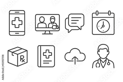 Telemedicine Icon Set. Line style icons for telemedicine: smartphone with medical cross, video consultation, chat message,