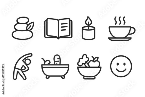Self-Care Icon Set. Line style icons for self-care: spa stones, journal, candle, tea cup, bath, exercise, healthy food, smiley