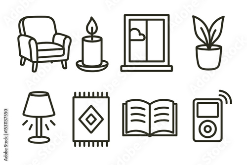 Relaxation Icons Set. Line style icons for relaxation spaces: comfy chair, candle, window, plant, soft light, rug, book, music
