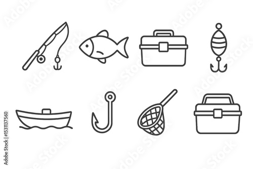 Fishing Gear Icons. Line style icons for fishing: fishing rod, fish, tackle box, bait, boat, hook, net, cooler. No text, No labels