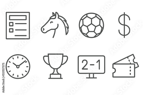 Betting Icon Set. Line style icons for betting: betting slip, horse, soccer ball, dollar sign, clock, winner trophy, scoreboard,
