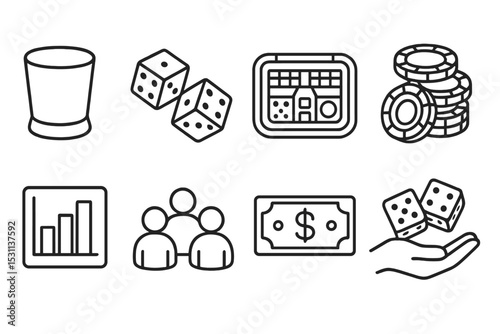 Line-Styled Dice Icons. Line style icons for dice games: dice cup, rolling dice, craps table, betting chips, outcome chart, player