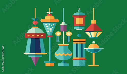 Collection of colorful geometric style lamps and lights