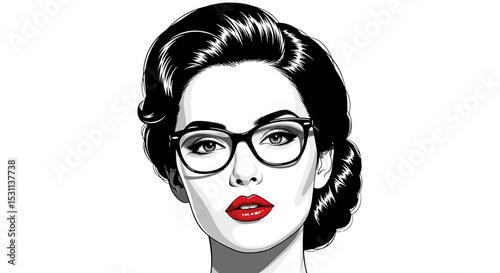 Stylish Woman with Red Lips and Retro Glasses