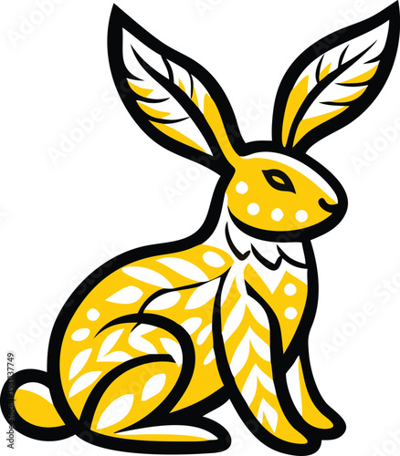 A stylized illustration of a yellow rabbit with intricate leaf-like patterns adorning its body and long ears, set against a plain white background.