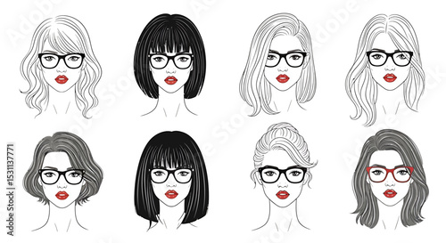 Stylish Women's Faces with Glasses and Various Hairstyles