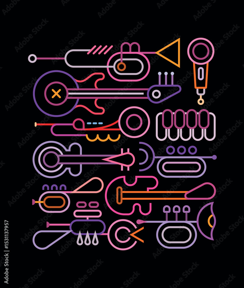 Fototapeta premium Neon colors isolated on a black background Musical Instruments vector line art design.