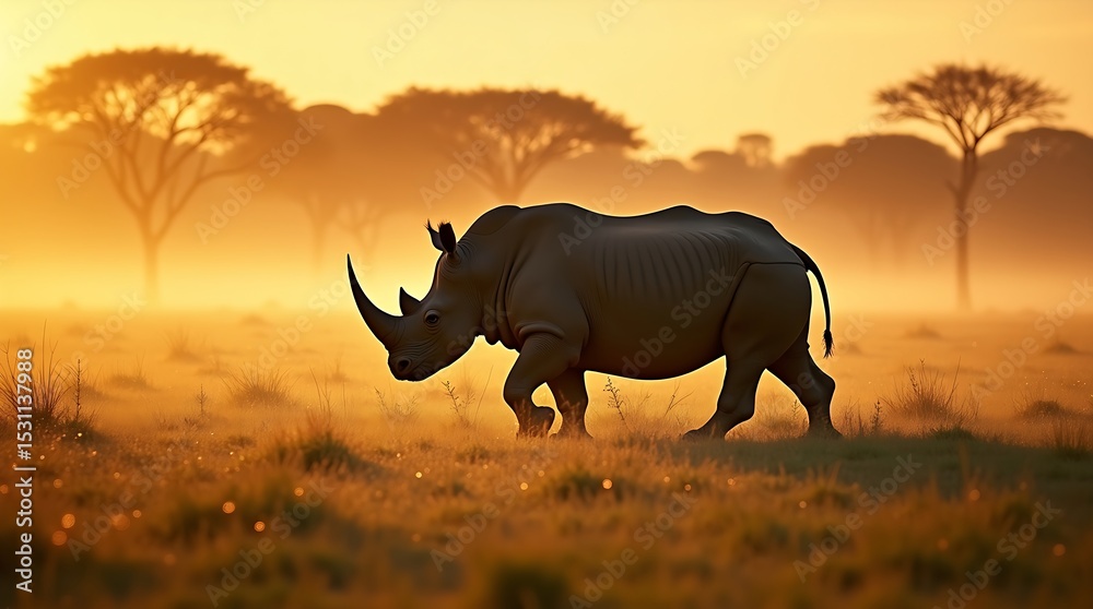 Fototapeta premium A majestic rhino walks through the early morning haze on the savanna, its massive form catching the first golden rays of sunlight.