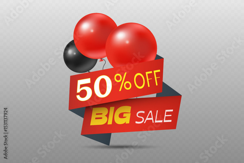 50% off big sale banner with red and black balloons.
