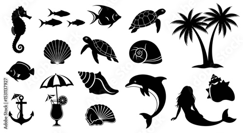 Black silhouettes of sea life, beach elements, and a mermaid