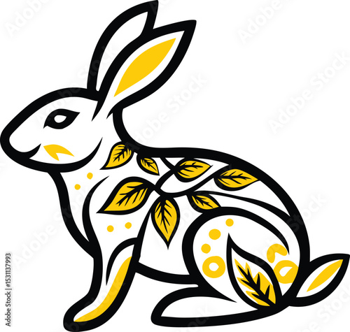 A stylized illustration of a rabbit adorned with yellow leaves and intricate black outlines, creating a unique and artistic design.