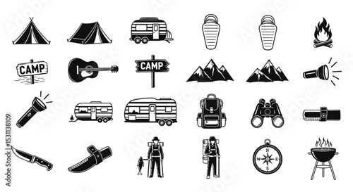 Camping and Hiking Equipment Icons: Tents, Trailers, Backpacks, and More