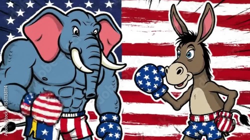 Donkey and elephant boxing match ideal for political or sports themes. Tension, rivalry, competition, animals, entertainment, humor, concept.
