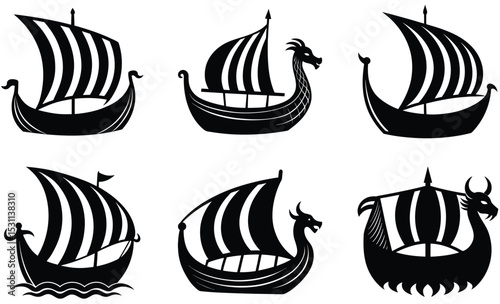 Viking Ship Set – Vector Silhouette Collection Featuring Norse Longships, Ancient Sailing Vessels, Dragon Boats, and Historic Nordic Maritime Designs


