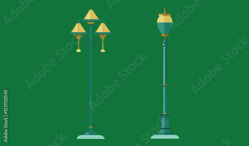 Two vintage style street lamps green background