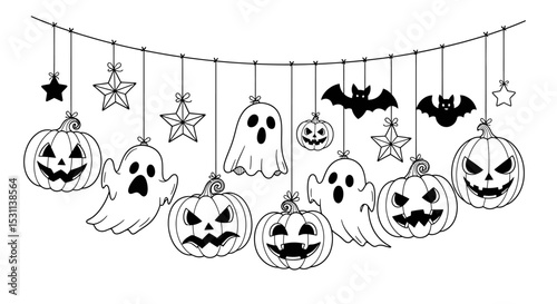 Halloween Garland with Pumpkins, Ghosts, Bats, and Stars Line Art