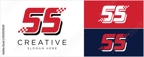 Number 55 with  sports and racing flag logo vector illustration