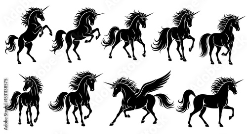 Collection of Black Unicorn Silhouettes in Various Poses